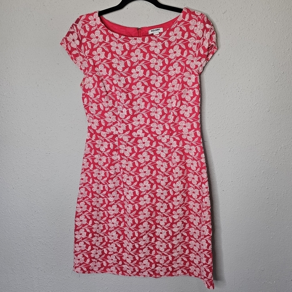 Old Navy Womens Pink White Floral Embroidered Short Sleeve Shift Mini Dress 4